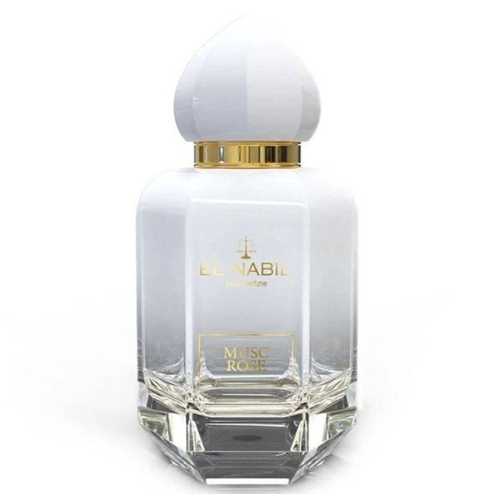 Flacon blanc avec détails dorés. Inscription: El Nabil, Musc Rose. Base en verre clair.