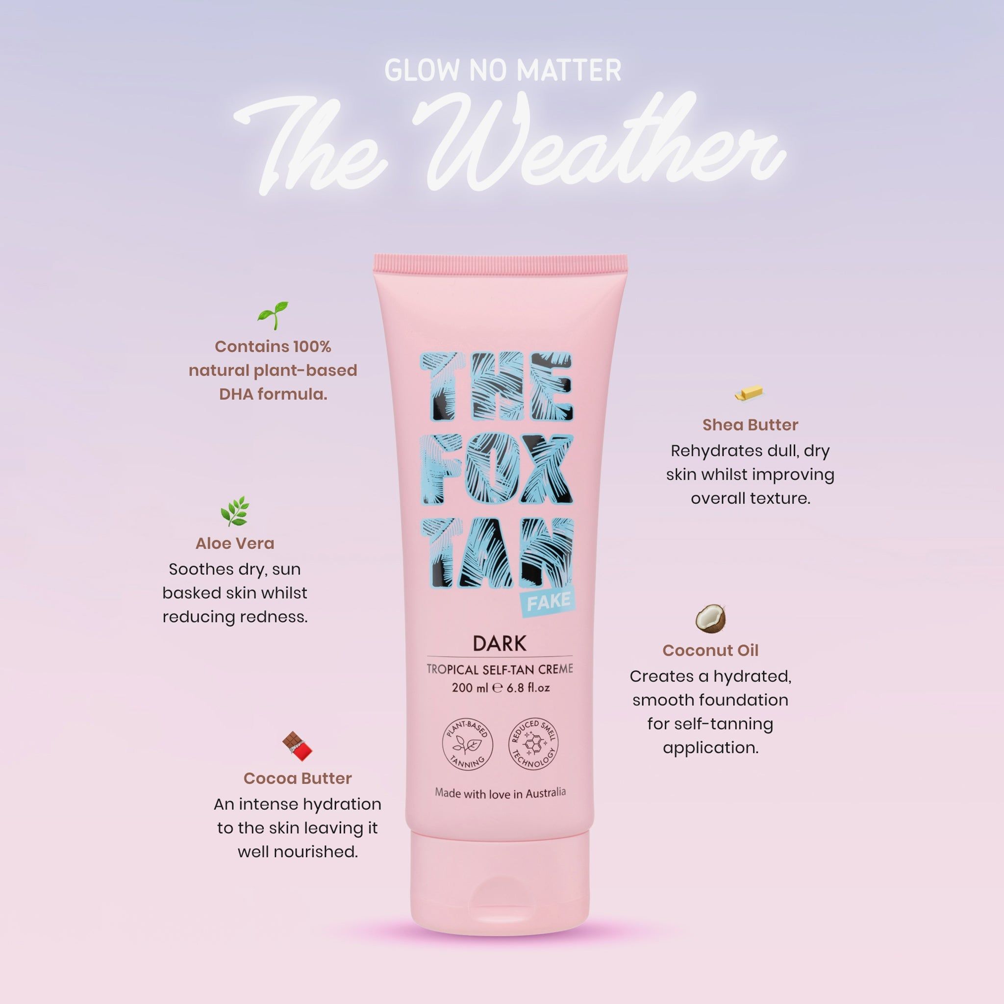 Tube rose avec texte et icônes d'ingrédients. Contient Aloe Vera, beurre de karité, huile de coco et beurre de cacao.