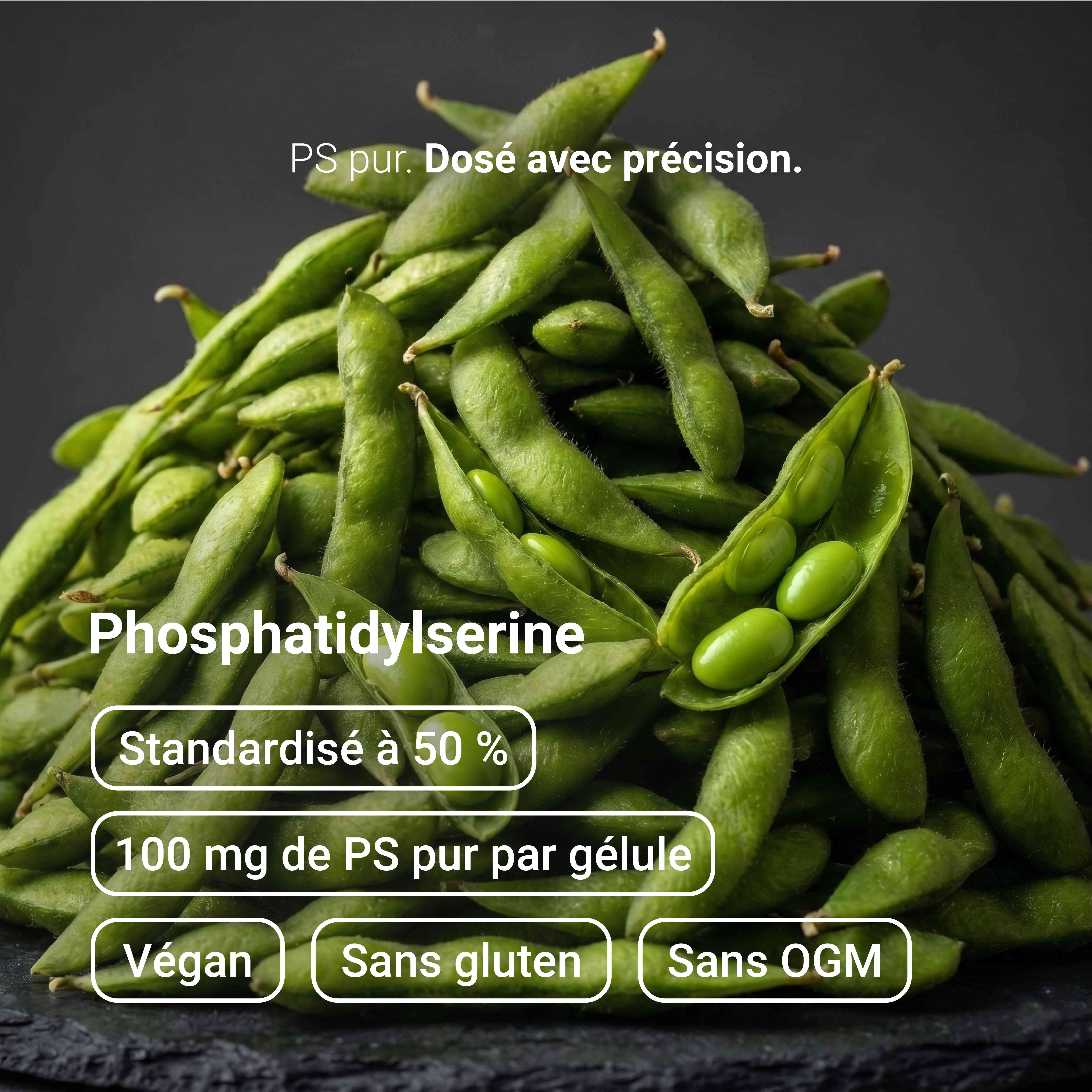 Tas de fèves de soja en gousses, avec texte sur la phosphatidylsérine, 100 mg par gélule, végétalien, sans gluten, sans OGM.