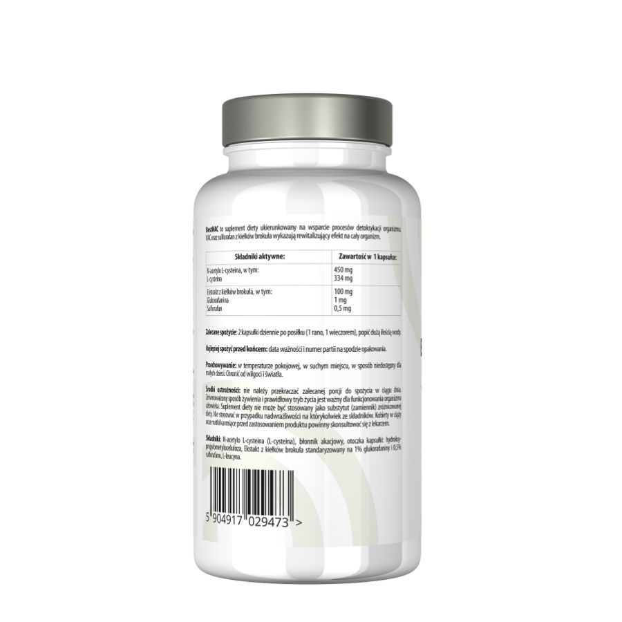 Dos du flacon blanc BEST LAB NAC. Informations sur les ingrédients et la valeur nutritionnelle. Code-barres en bas.