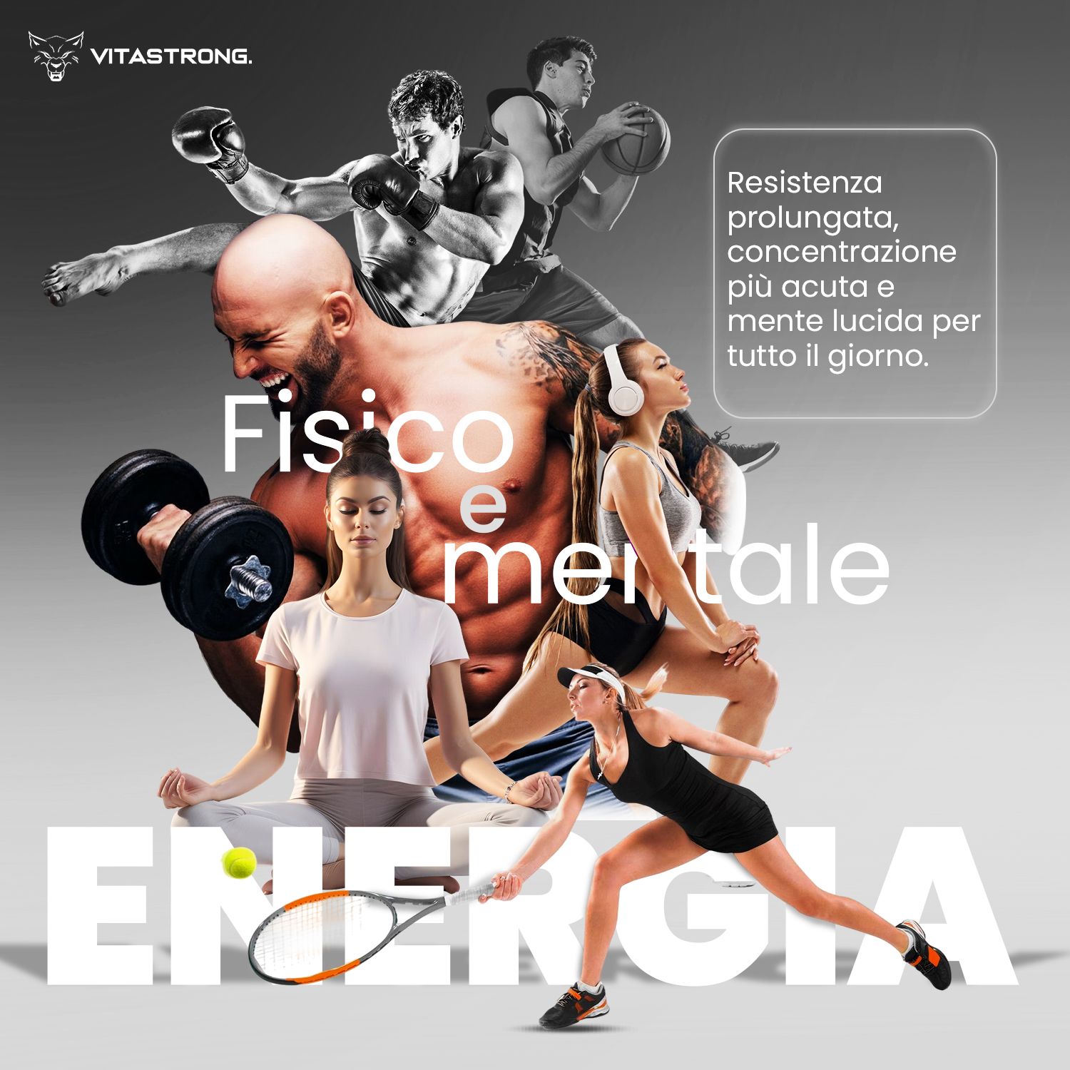 Reclamebeeld met atleten en tekst. Tekst: Fysieke en mentale energie.