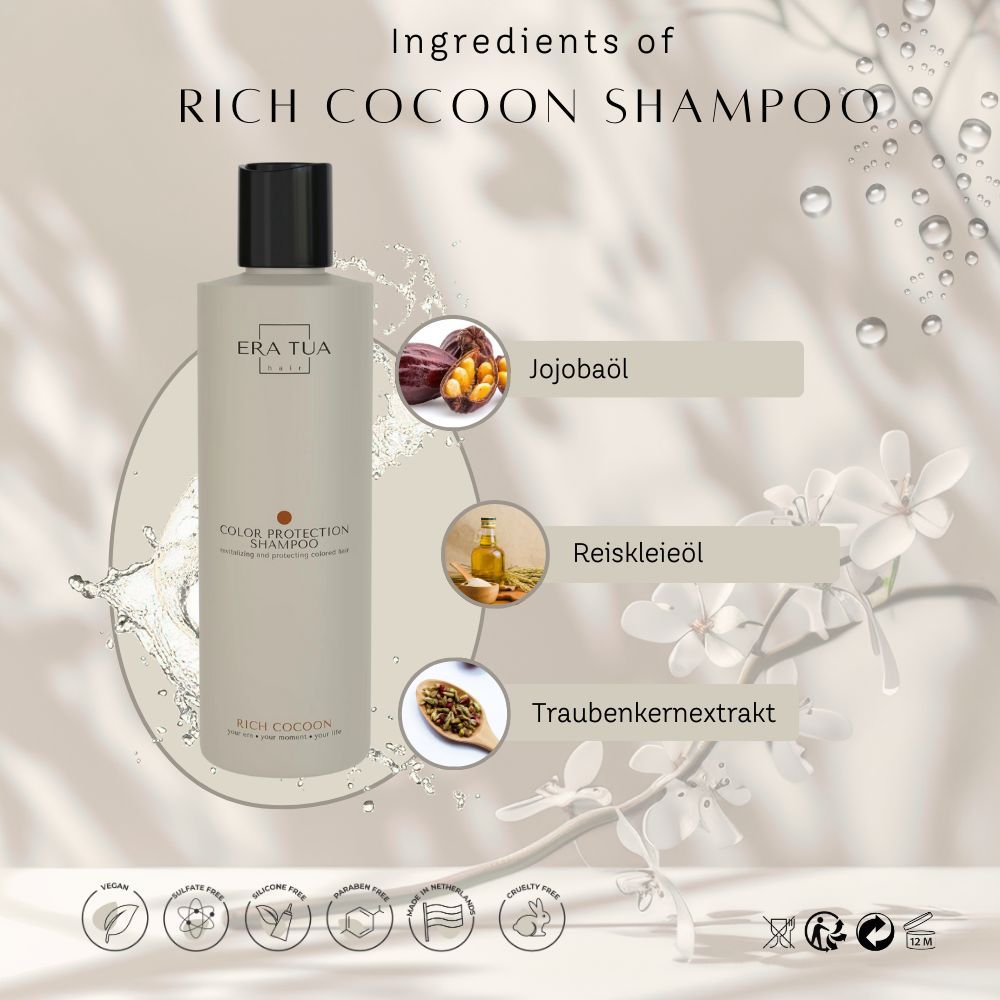 Flacon beige, bouchon noir. Ingrédients: huile de jojoba, huile de son de riz, extrait de pépins de raisin. Texte: Era Tua, Rich Cocoon Shampoo.