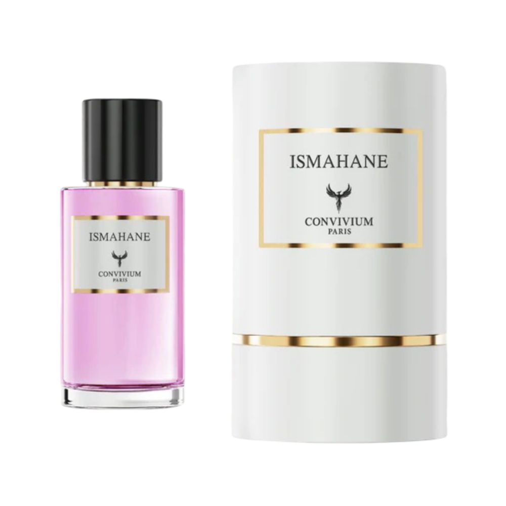Flacon de parfum et emballage. Flacon avec liquide rose, bouchon noir et étiquette. Emballage cylindrique, blanc avec détails dorés.