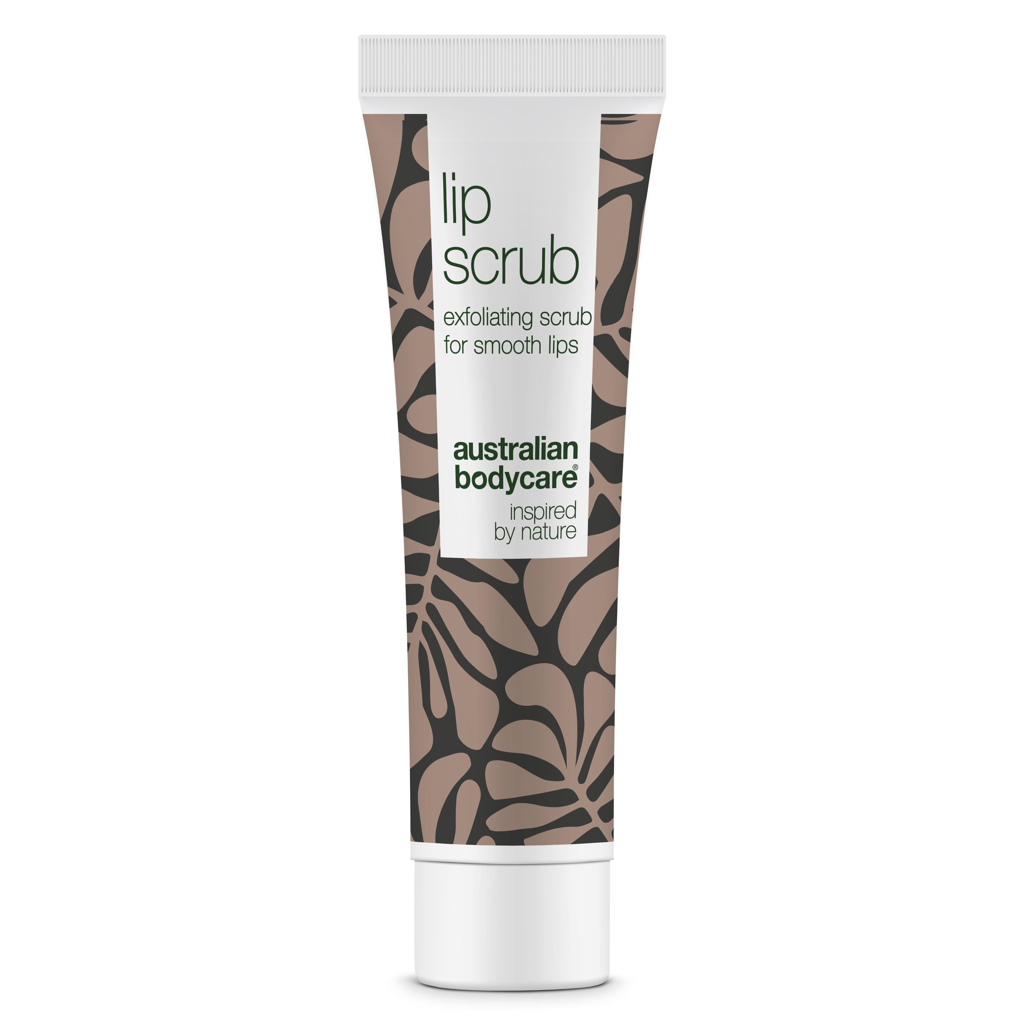 Tube de gommage à lèvres. Bouchon blanc, motif marron. Inscription: Australian Bodycare, Lip Scrub.