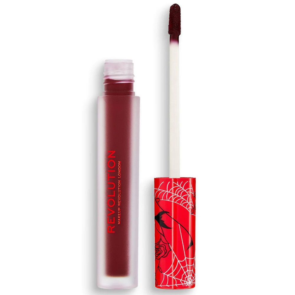 Rouge à lèvres liquide avec applicateur. Récipient rouge avec rouge à lèvres rouge. Couvercle avec motif toile d'araignée. Marque: Makeup Revolution.