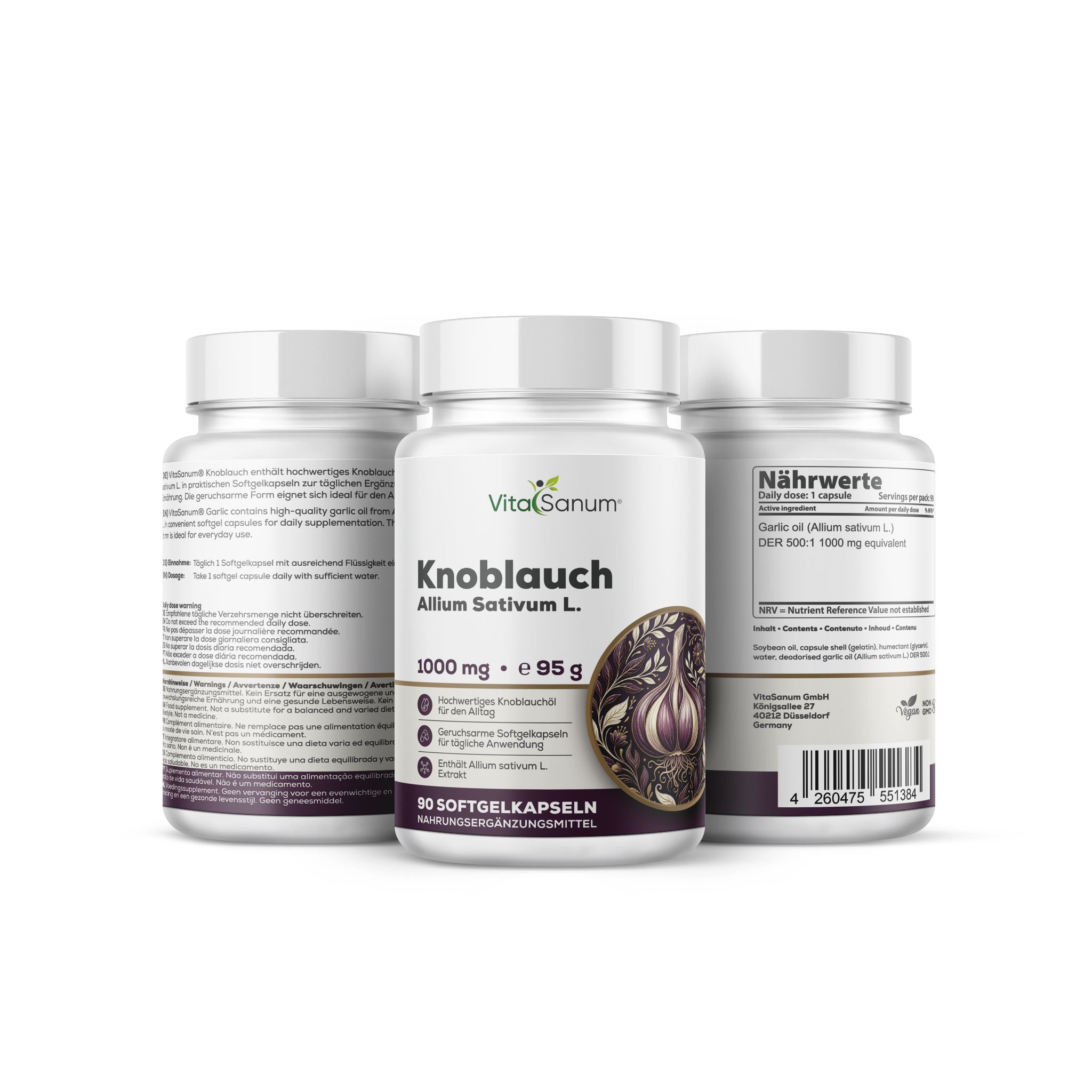 VitaSanum Gélules d'ail: 1000 mg, 90 gélules, avec étiquette arrière.