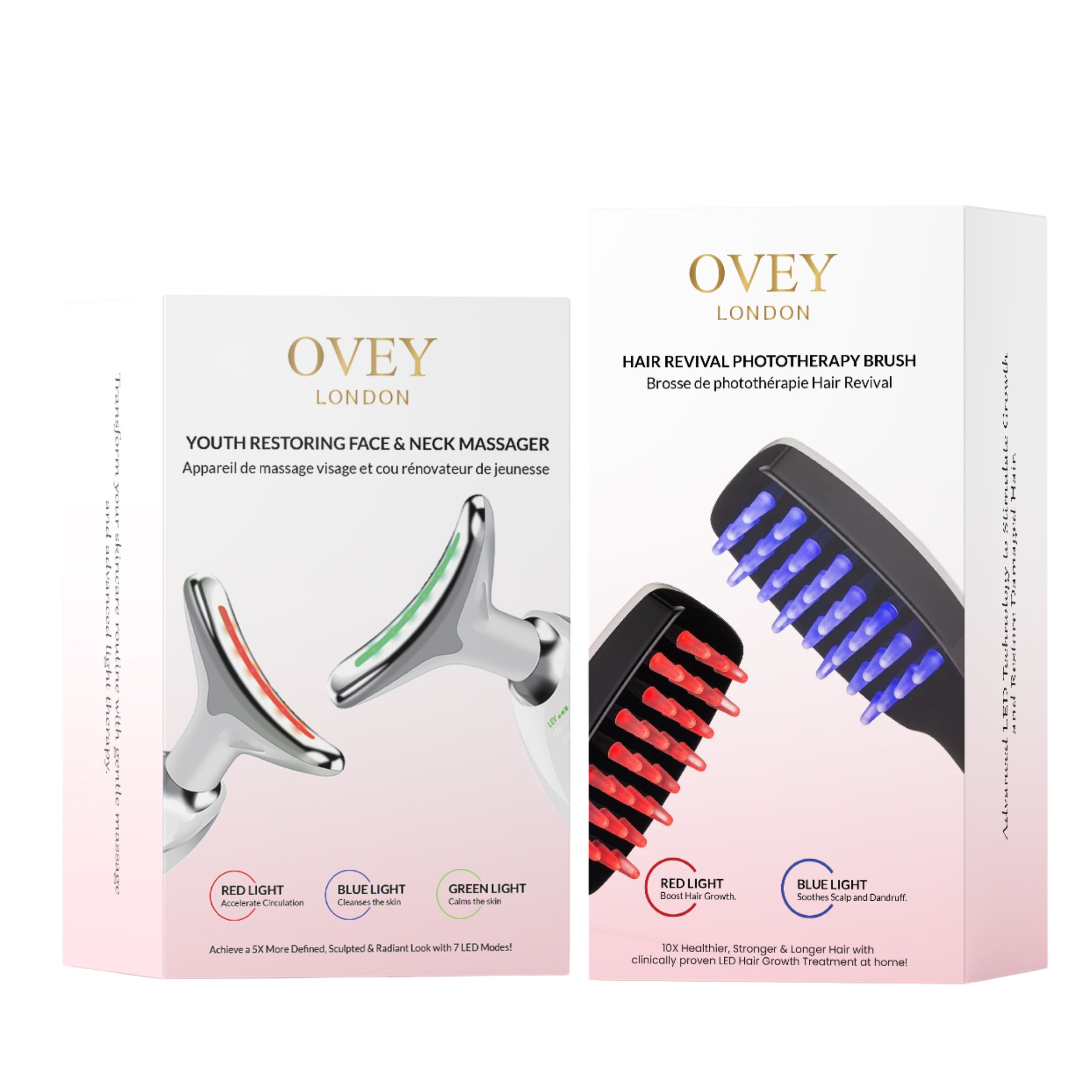 Twee productverpakkingen. Links: gezichtsmassager met rood, blauw en groen licht. Rechts: haarborstel met rode en blauwe LED's.