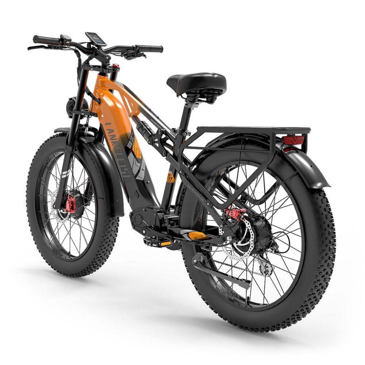 Vélo électrique avec cadre orange et composants noirs. Gros pneus, porte-bagages. Le nom LANKELEISI est visible.