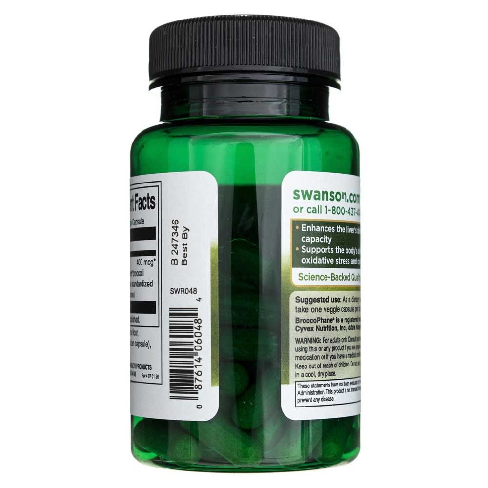 Bouteille verte avec bouchon noir, informations nutritionnelles, code-barres, Swanson.com, Broccophané.