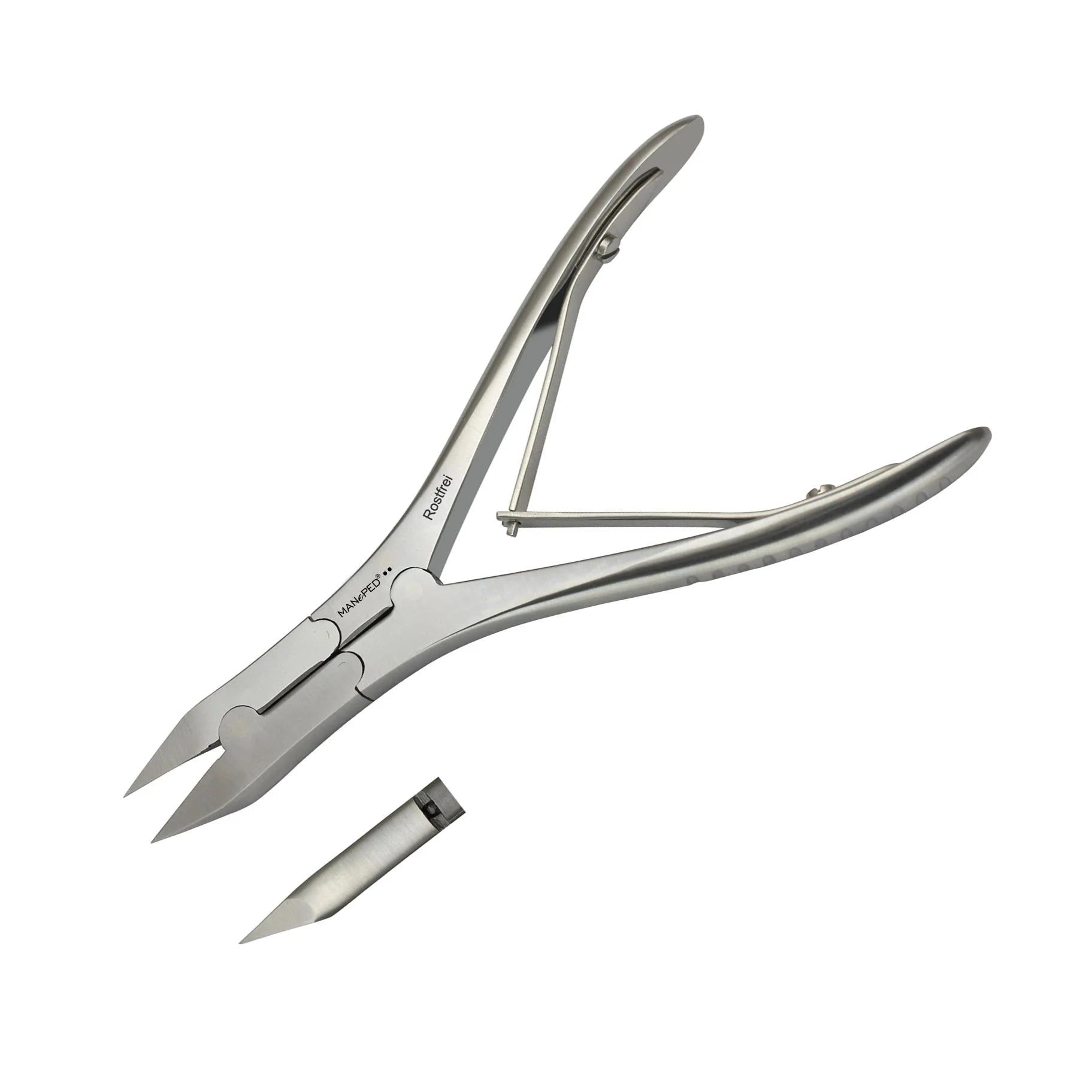 Metalen nagelknipper met hefboom en schuine kop. Bevat een apart, rechthoekig gereedschap.