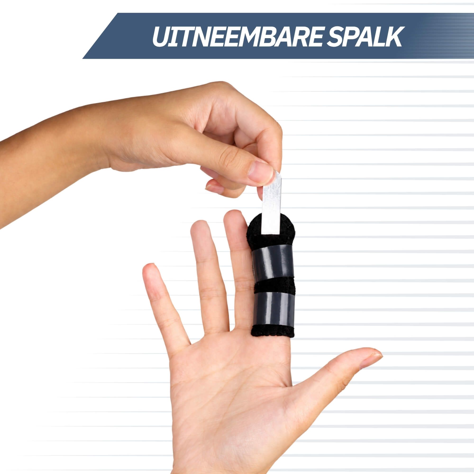 Vingerstabilisator: zwart, met twee klittenbandsluitingen, voor de vinger.