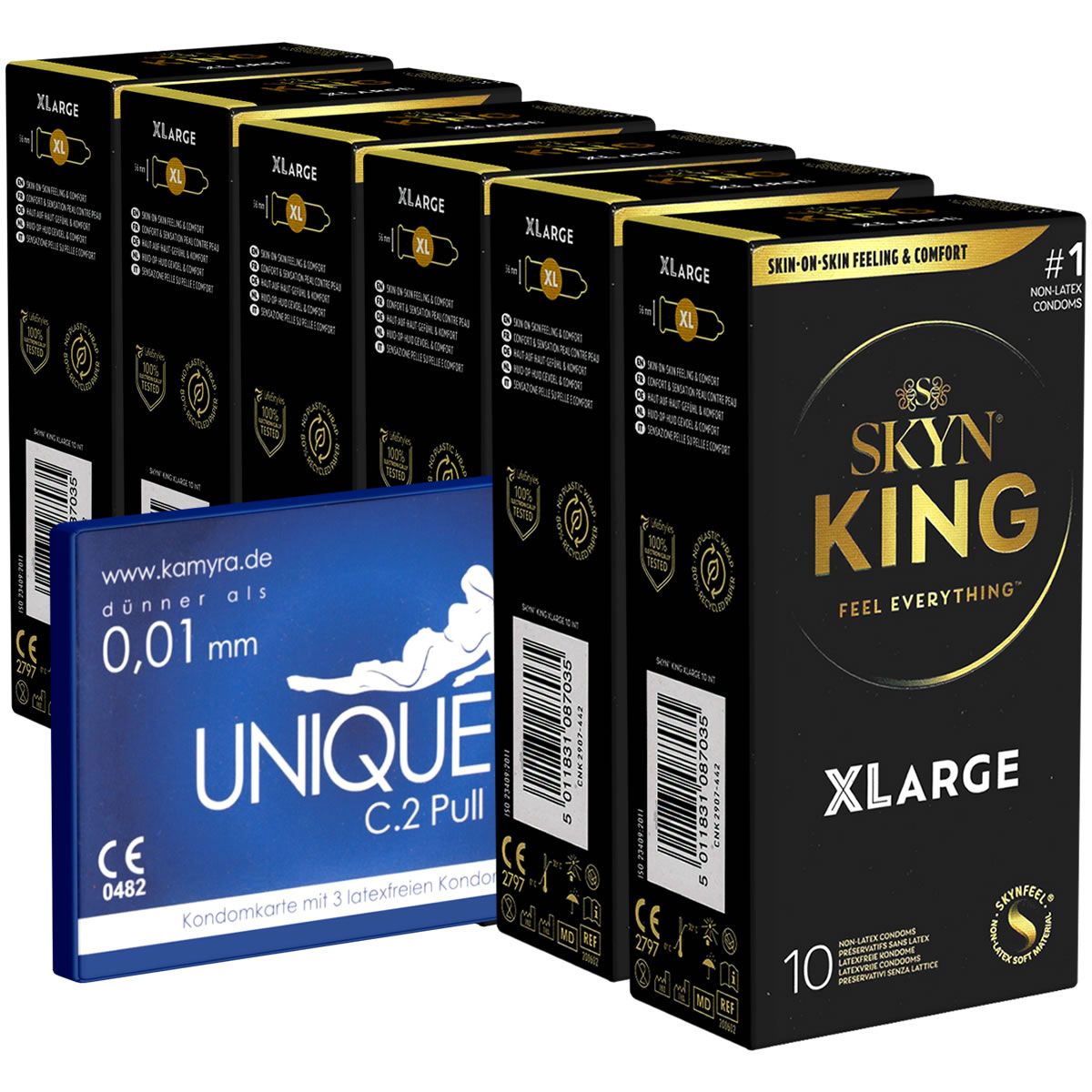 SKYN KING XLARGE condooms in zwarte verpakking met gouden accenten. Toont 10 stuks.