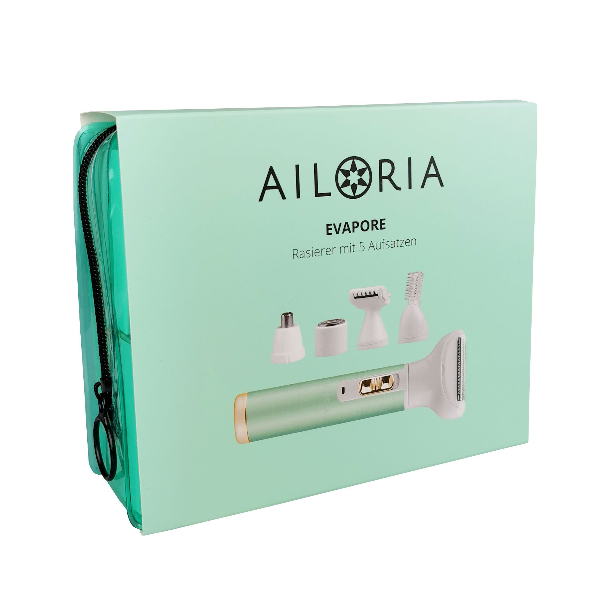 Emballage avec rasoir et accessoires. AILORIA EVAPORE. Texte et illustrations des accessoires.