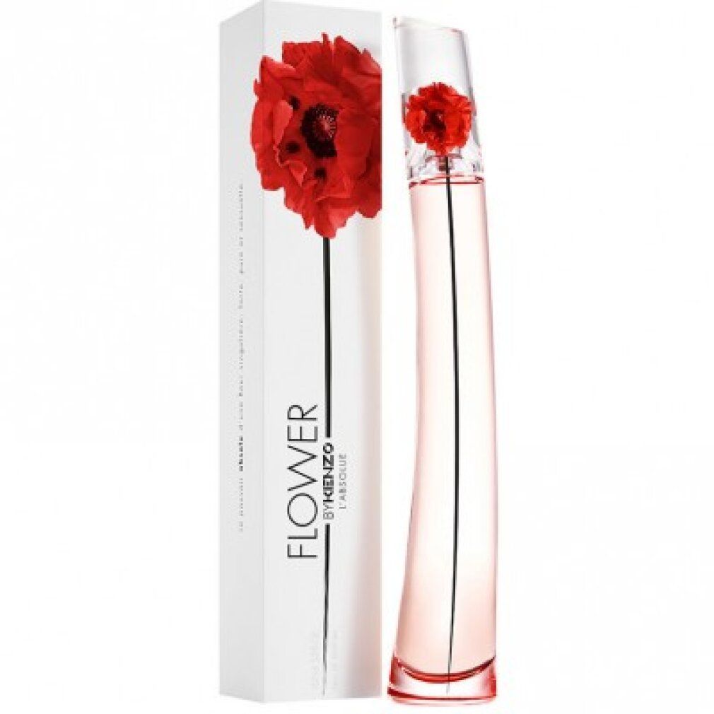 Flacon de parfum KENZO FLOWER L ABSOLUE EDP 100 ML et son emballage, avec un coquelicot rouge.