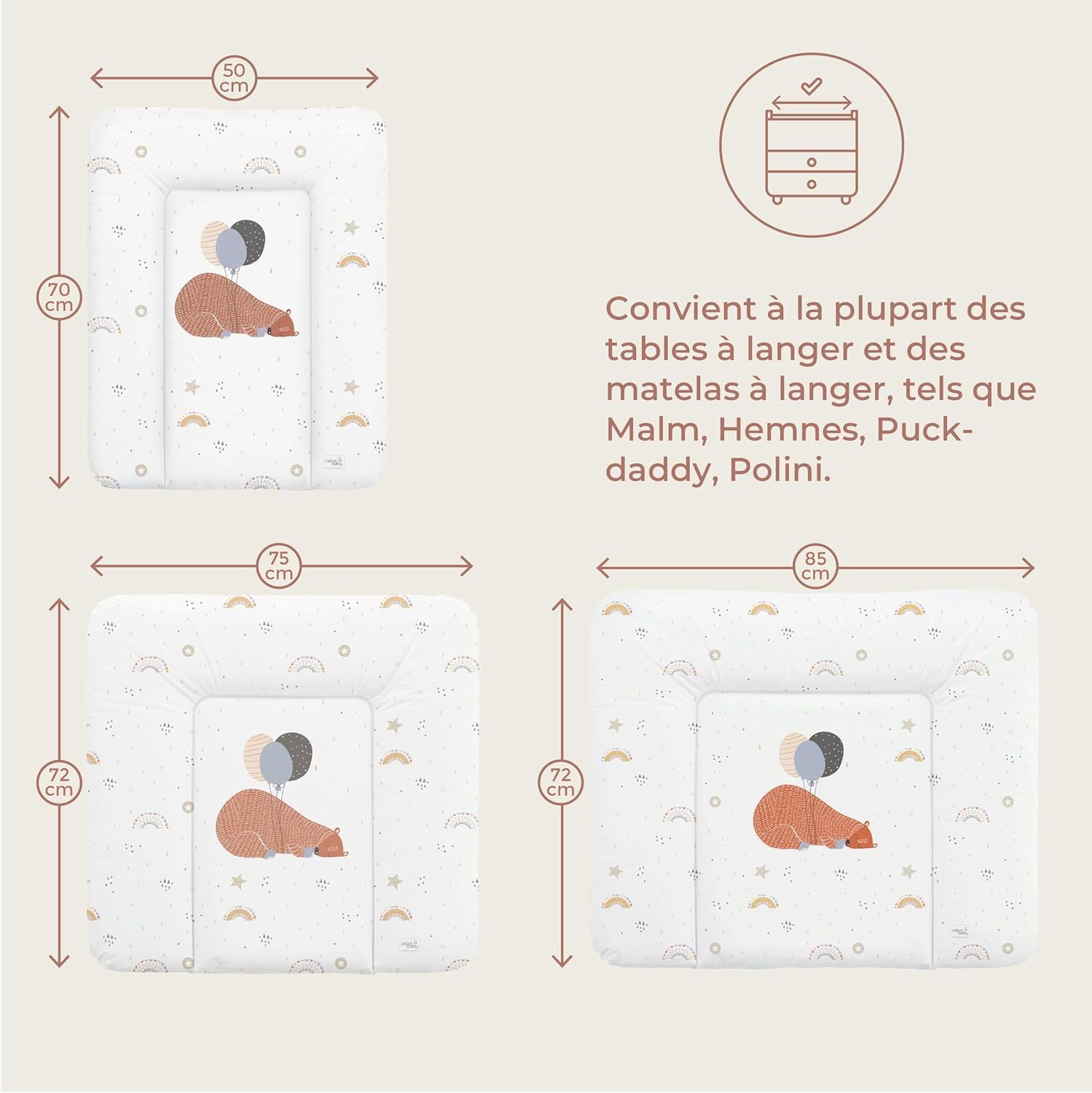Trois matelas à langer avec motifs animaux et dimensions. Forme rectangulaire. Tailles: 50x70cm, 75x72cm, 85x72cm. Texte: 'Convient à la plupart des tables'.