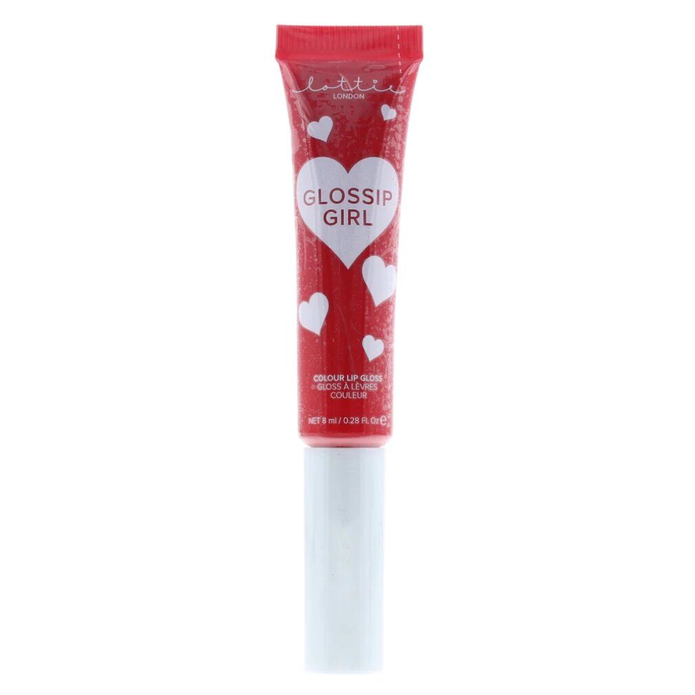 Rode tube met witte applicator. Opschrift "GOSSIP GIRL" in hartvorm. Kleine hartjes op de tube.