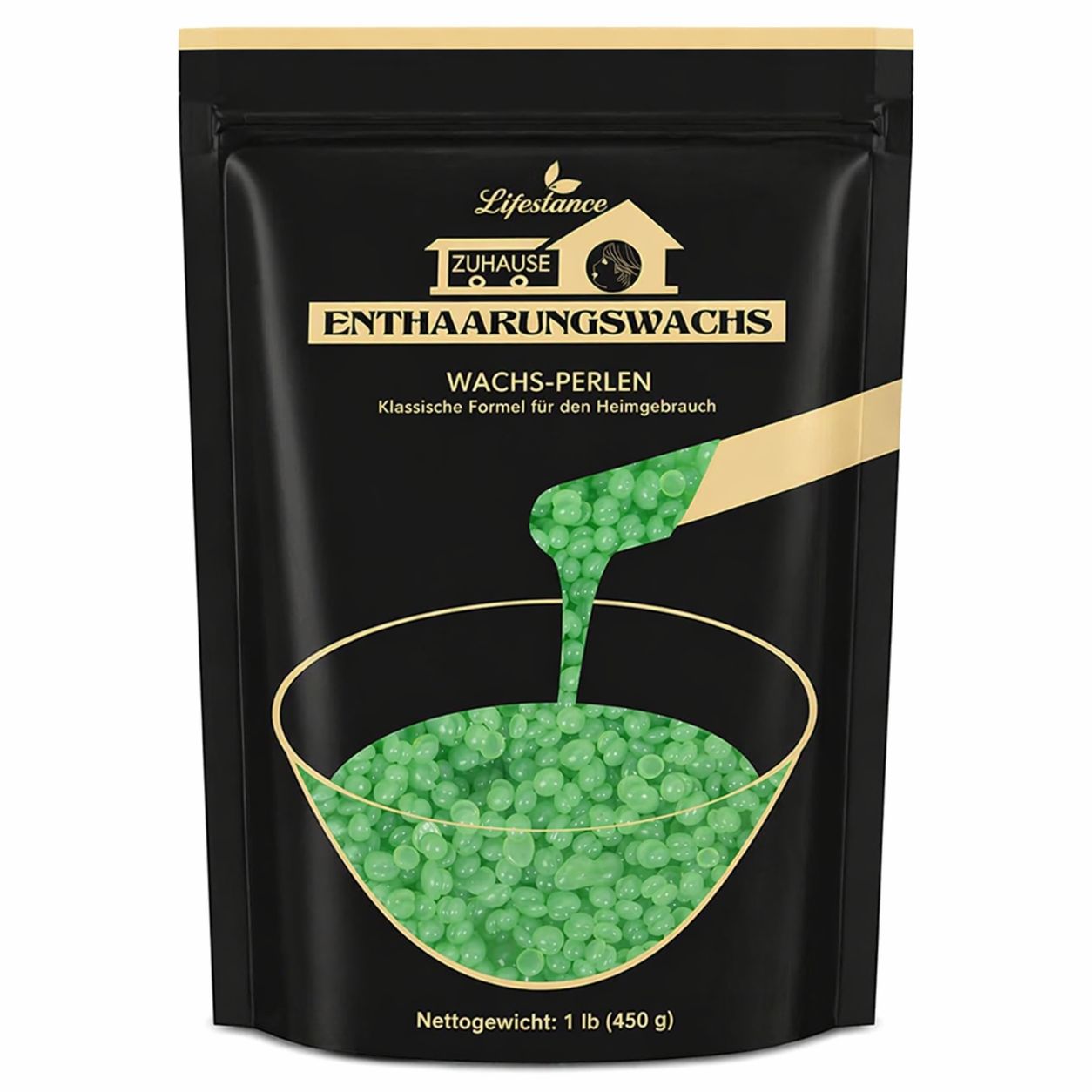 Paquet noir avec perles de cire vertes. Texte : Lifestance, perles de cire, formule classique pour un usage domestique. 1 lb (450 g).