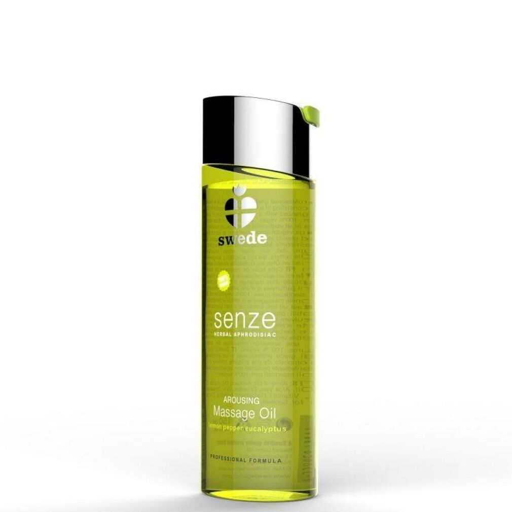 Huile de massage Swede Senze, 100ml. Liquide jaune dans une bouteille transparente avec bouchon argenté.