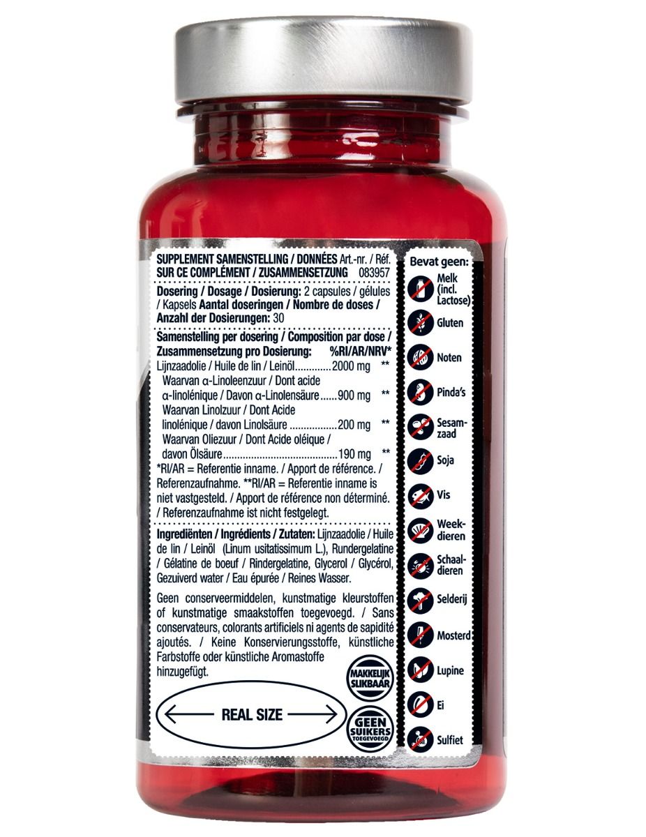 Dos de flacon de gélules rouge avec informations nutritionnelles et allergènes. Contient de l'huile de lin, Oméga 3-6-9.