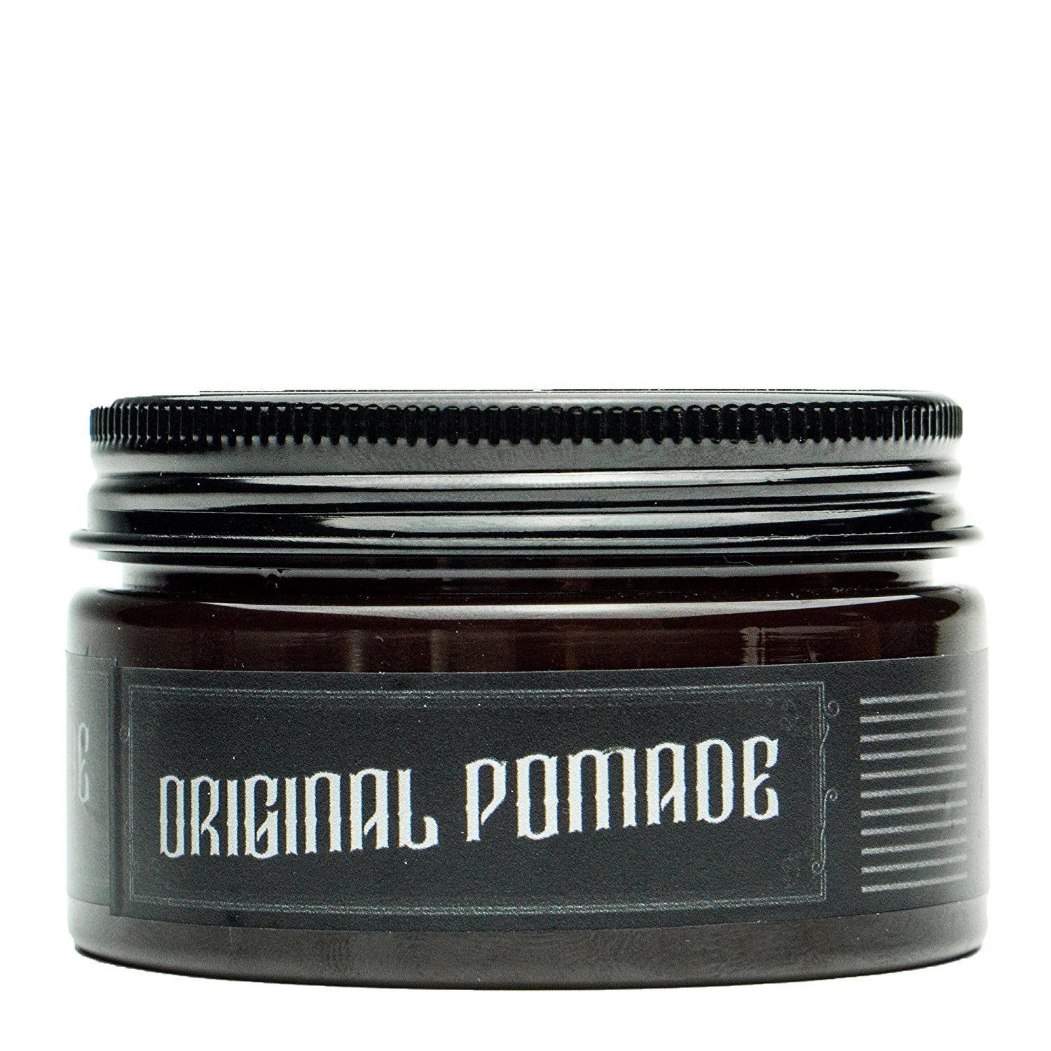 Bocal foncé avec couvercle noir, étiquette "ORIGINAL POMADE".