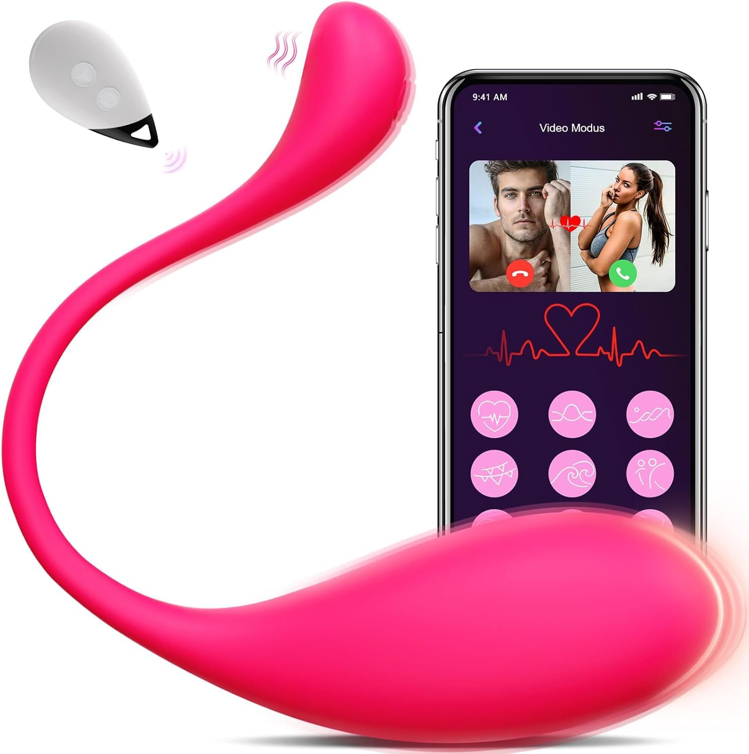 Roze vibrator met afstandsbediening en smartphone app-weergave.