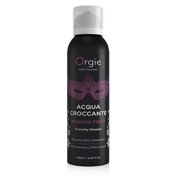 Orgie Acqua Croccante Knisperende Mousse Passievrucht 150 ml, zwarte bus met masker design.