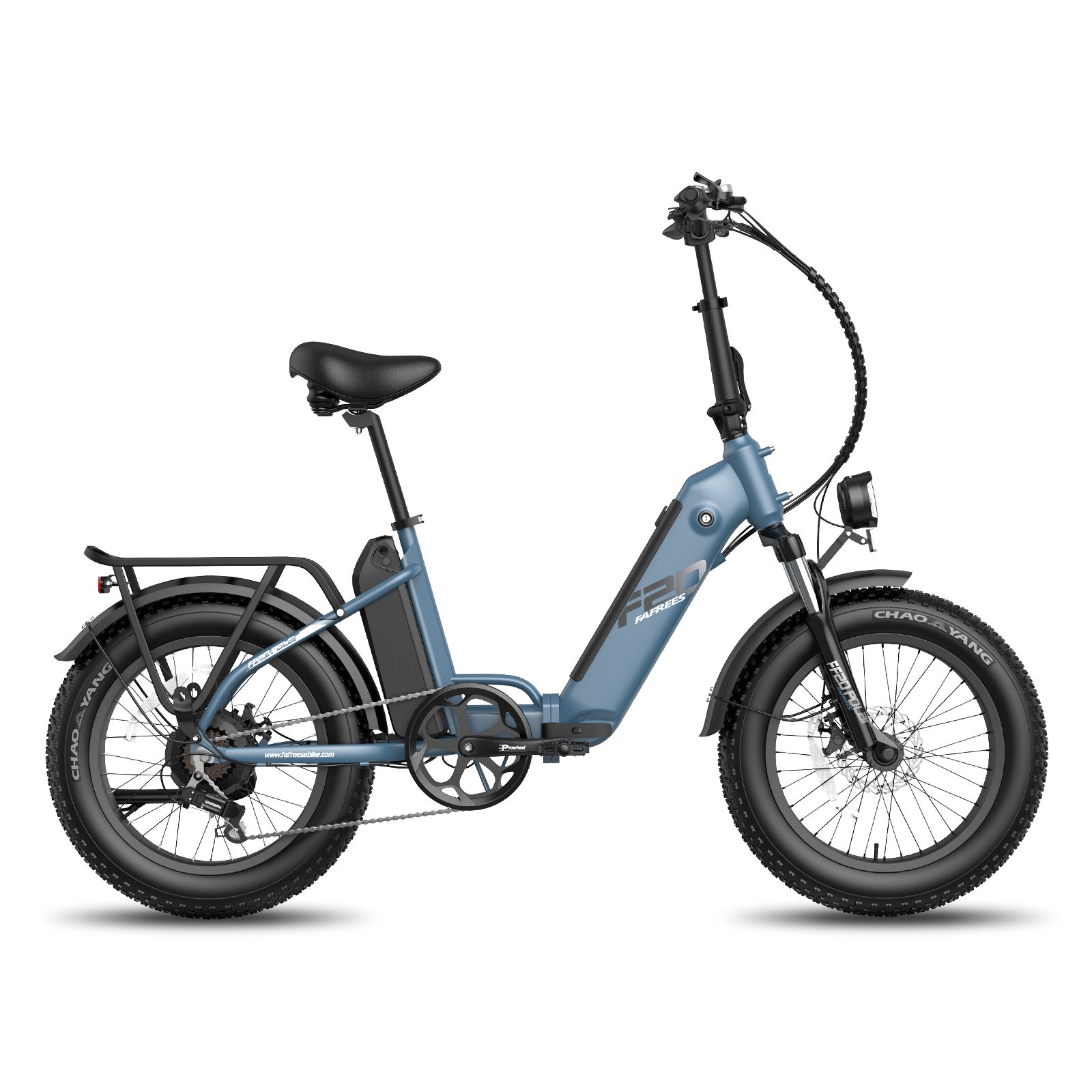 Opvouwbare e-bike, blauw. Zwarte banden, zadel en bagagedrager. Koplamp. Merk Fafrees.