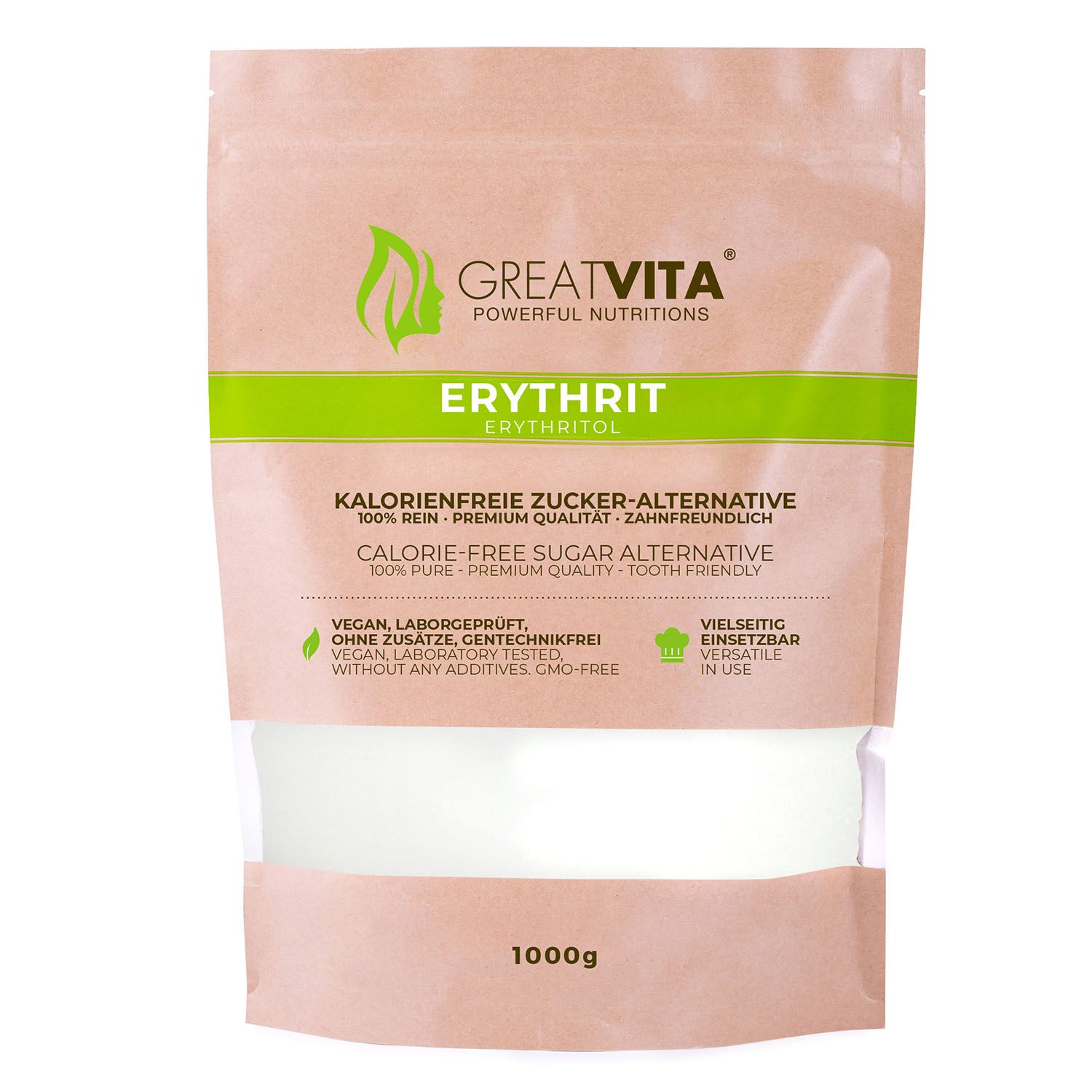 Zakje erythritol. Groen-wit etiket met productnaam en logo. 1000g-aanduiding onderaan.