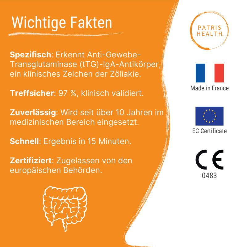 Belangrijke feiten over de test. Logo's Patris Health, Frankrijk, EU-certificering en CE-markering.