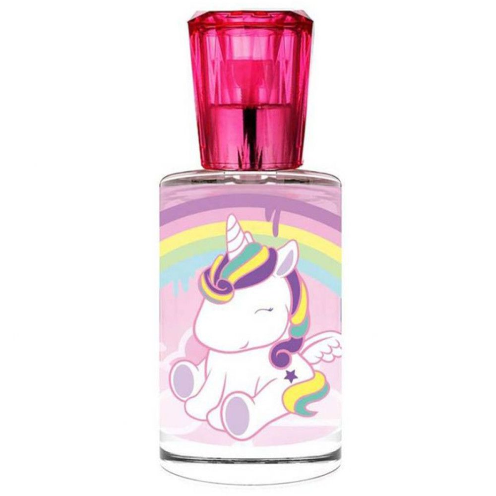 Flacon Eau de Toilette. Bouchon rose, motif licorne. Inscription: Eau de Toilette.