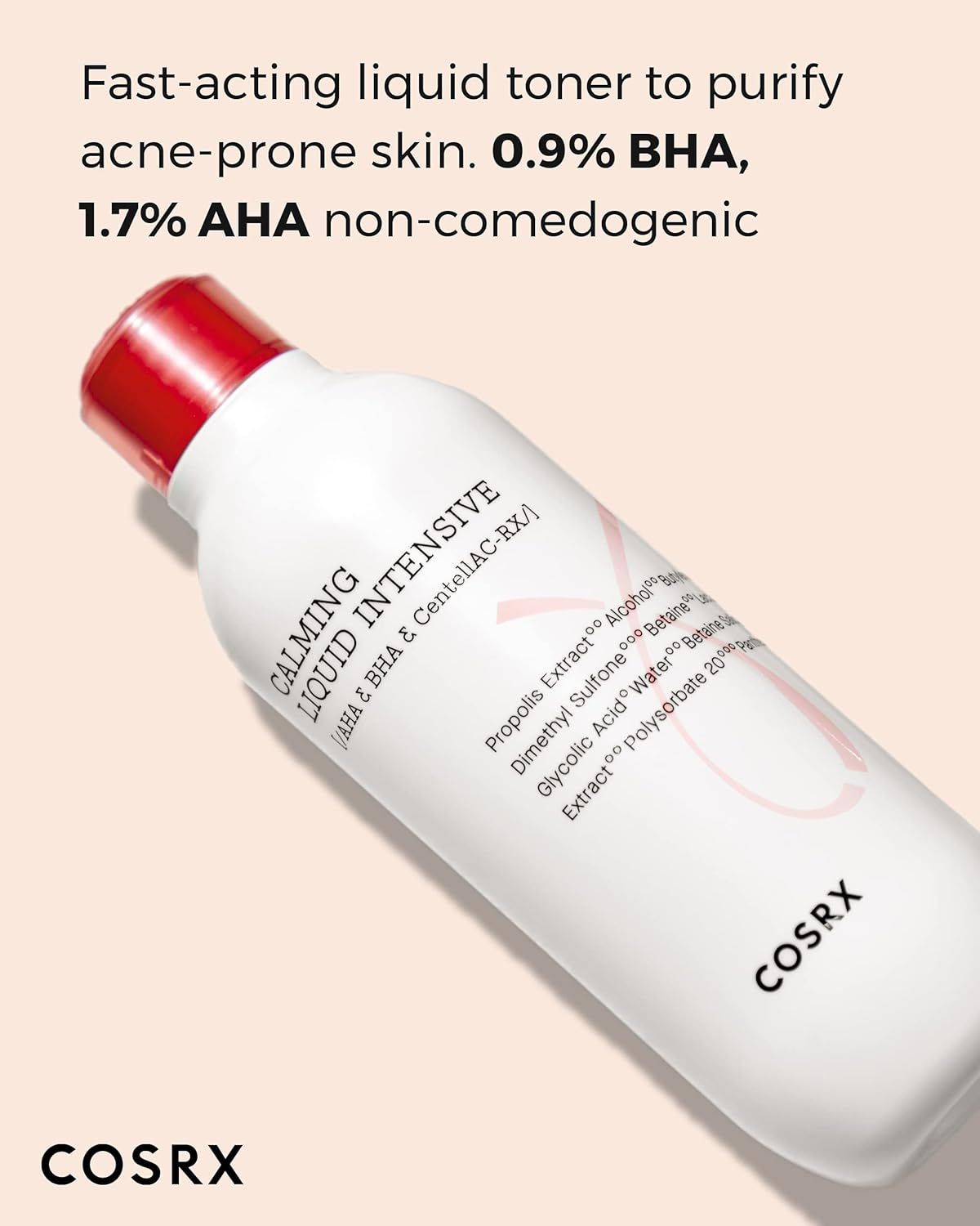 Bouteille COSRX Calming Liquid Intensive avec bouchon rouge. Texte : Fast-acting liquid toner to purify acne-prone skin. 0.9% BHA, 1.7% AHA non-comedogenic.