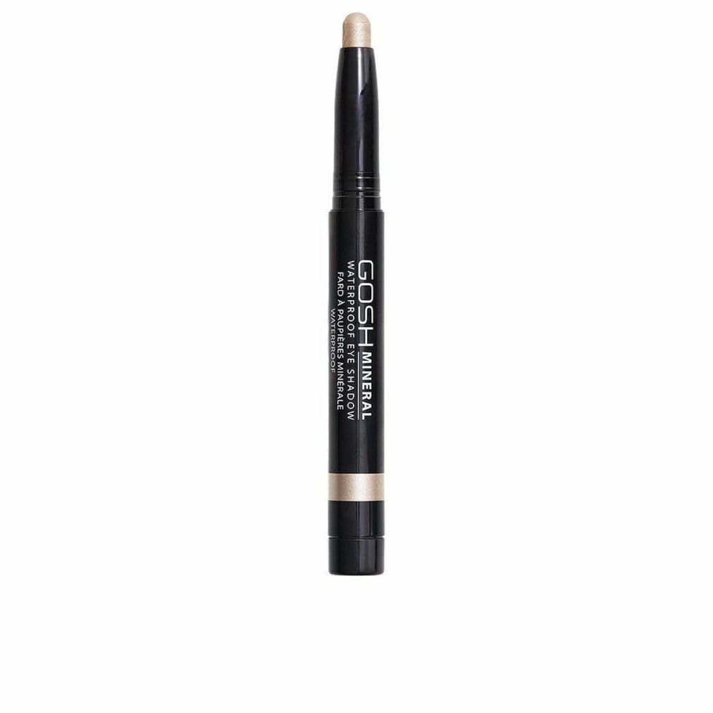 Gosh Mineral Waterproof Eye Shadow 010-Vanilla. Crayon noir avec fard à paupières beige. Texte: Waterproof Eye Shadow, Fard à paupières minérale.