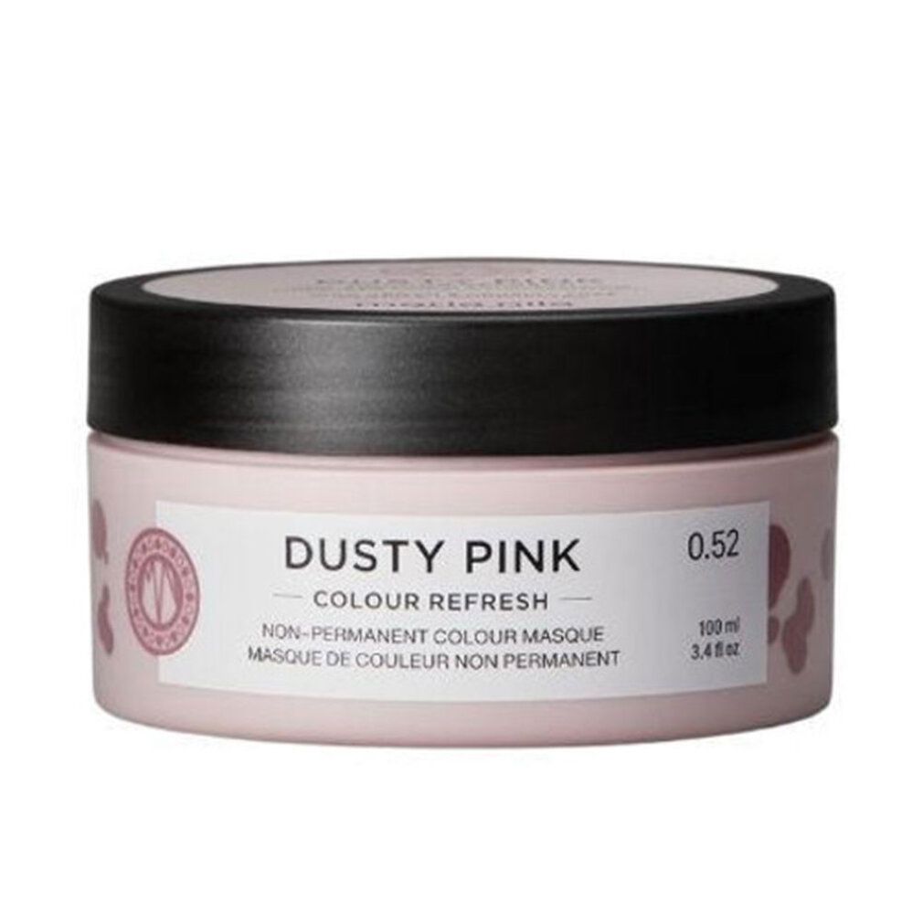 Pot rond, couvercle noir. Étiquette rose. Texte: Dusty Pink, Colour Refresh, Maria Nila. 0.52. 100ml.