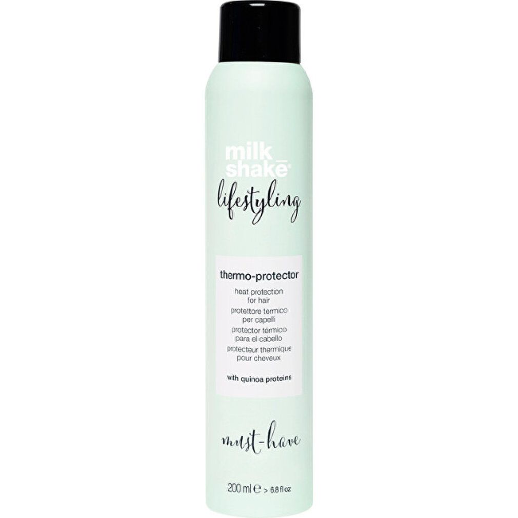 Lichtgroene sprayfles met zwarte dop. Opschrift: milk_shake, lifestyling, thermo-protector. Tekst in meerdere talen. Onder: must-have, 200 ml.