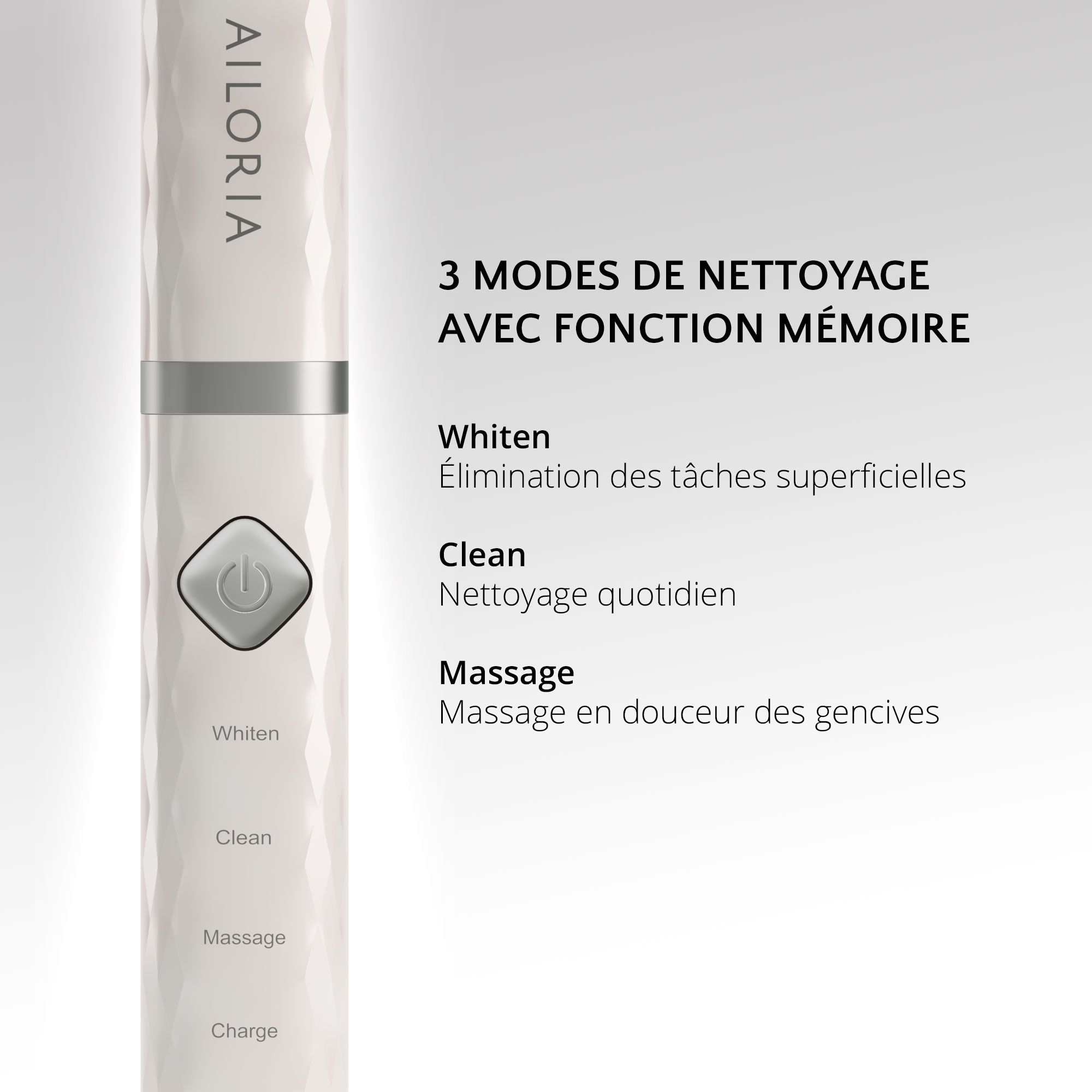 Brosse à dents avec 3 modes de nettoyage : Blanchiment, Nettoyage, Massage. Avec mémoire.