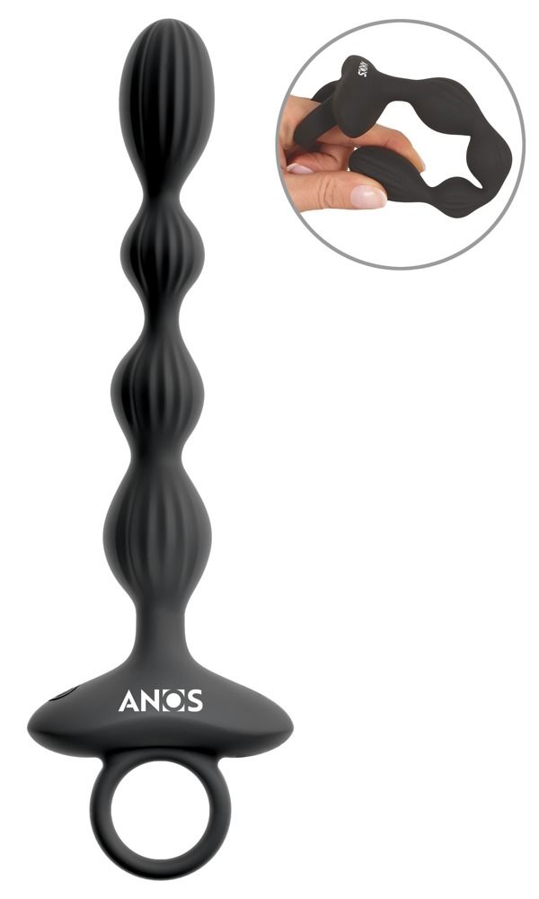 Zwarte, geribbelde vibrator met een ring aan het handvat en het ANOS-logo.