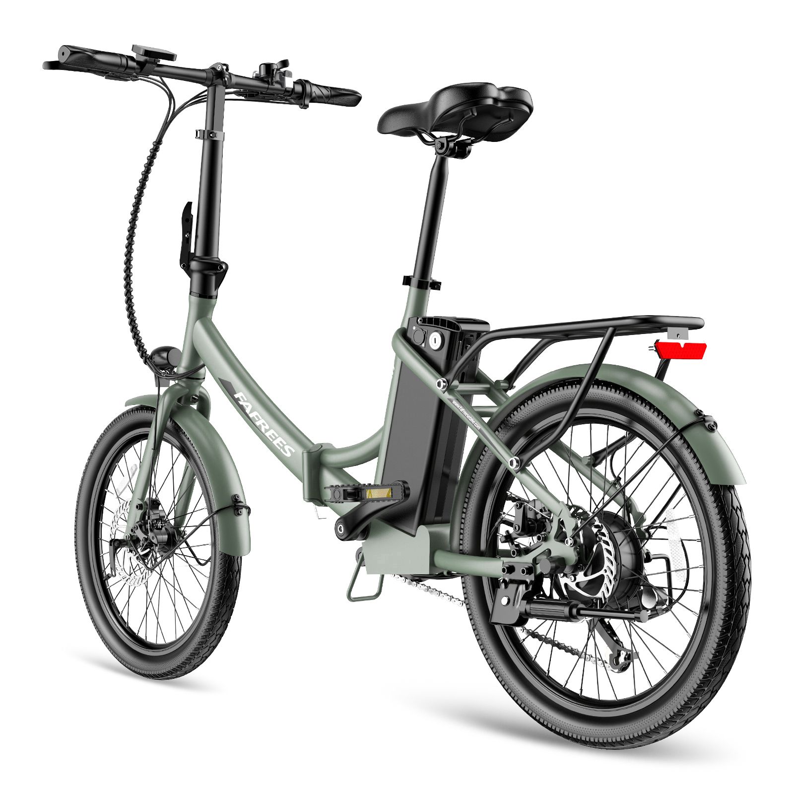 Lichtgroene Fafrees F20Light e-bike. Opvouwbaar frame, bagagerek, spatborden. Zwarte banden en zadel. Accu op frame.