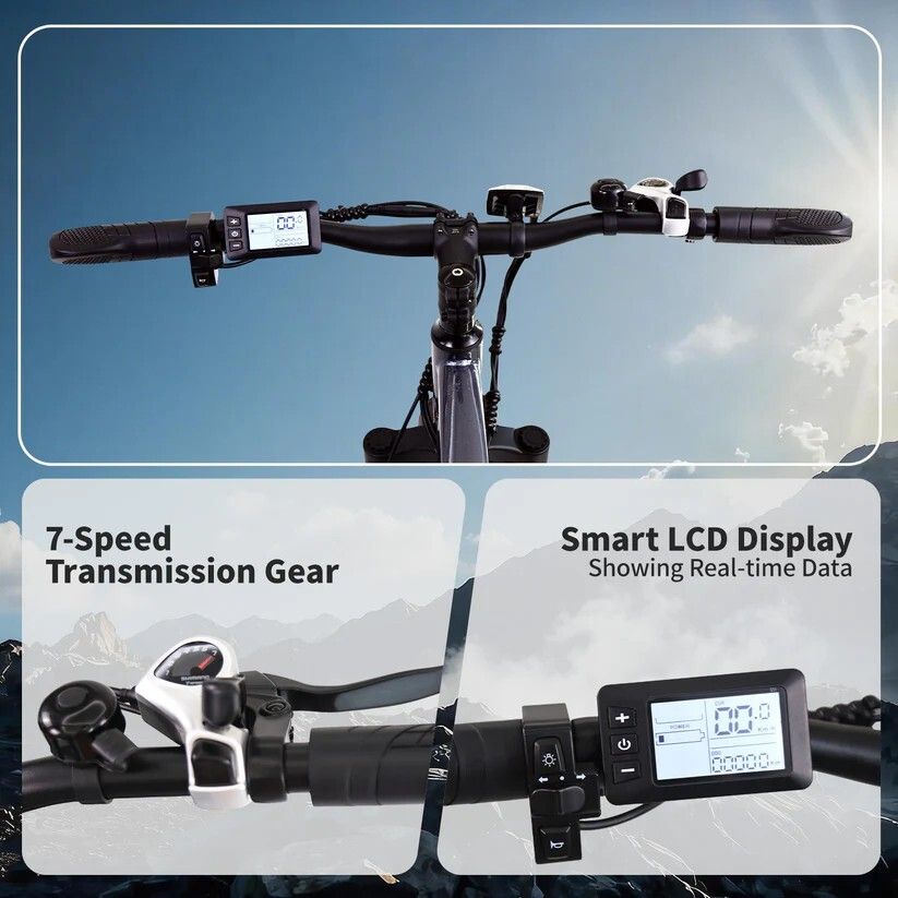Gros plan sur le guidon d'un vélo électrique. Affiche un écran LCD et des commandes. Texte : 7 vitesses, écran LCD intelligent.