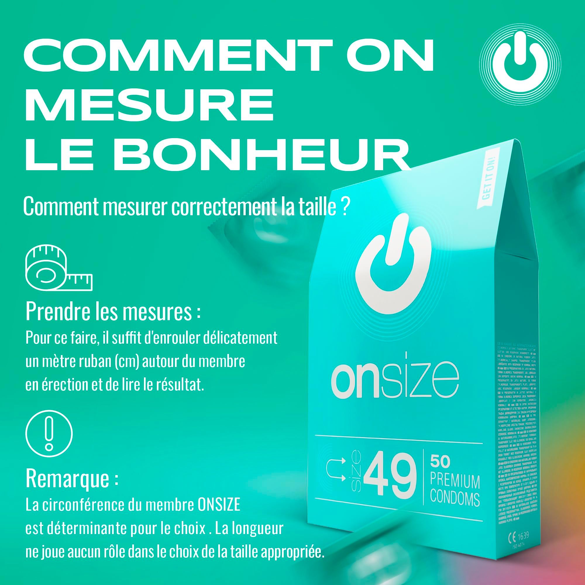 Boîte de préservatifs ONsize avec informations sur les sensations naturelles et le matériau.