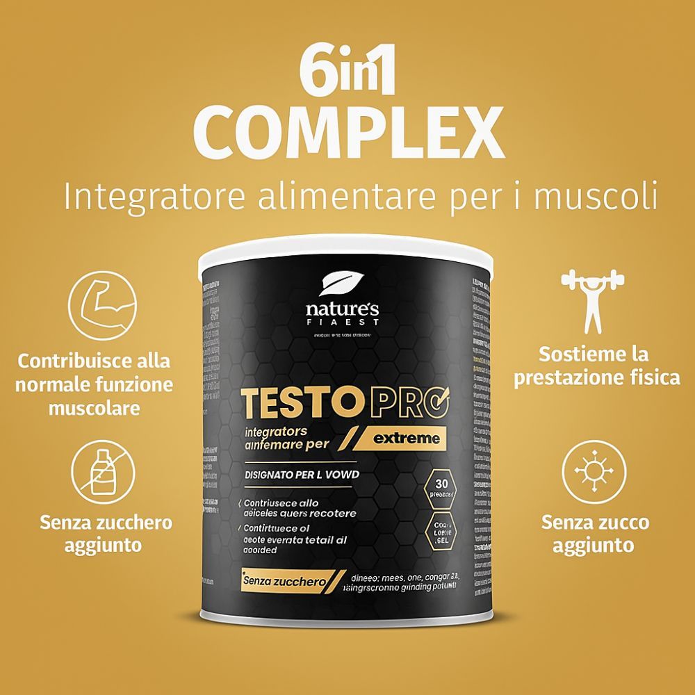 Emballage de TestoPRO Extreme. Pot avec couvercle blanc. Texte en italien. Contient 30 portions. Sans sucre ajouté.