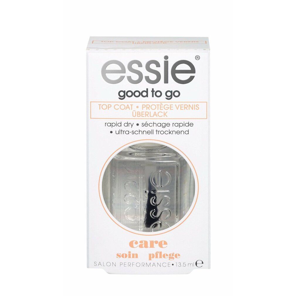 Emballage de Good To Go Essie. Contient un flacon de vernis à ongles transparent. Texte: Top Coat, soin, Salon Performance.
