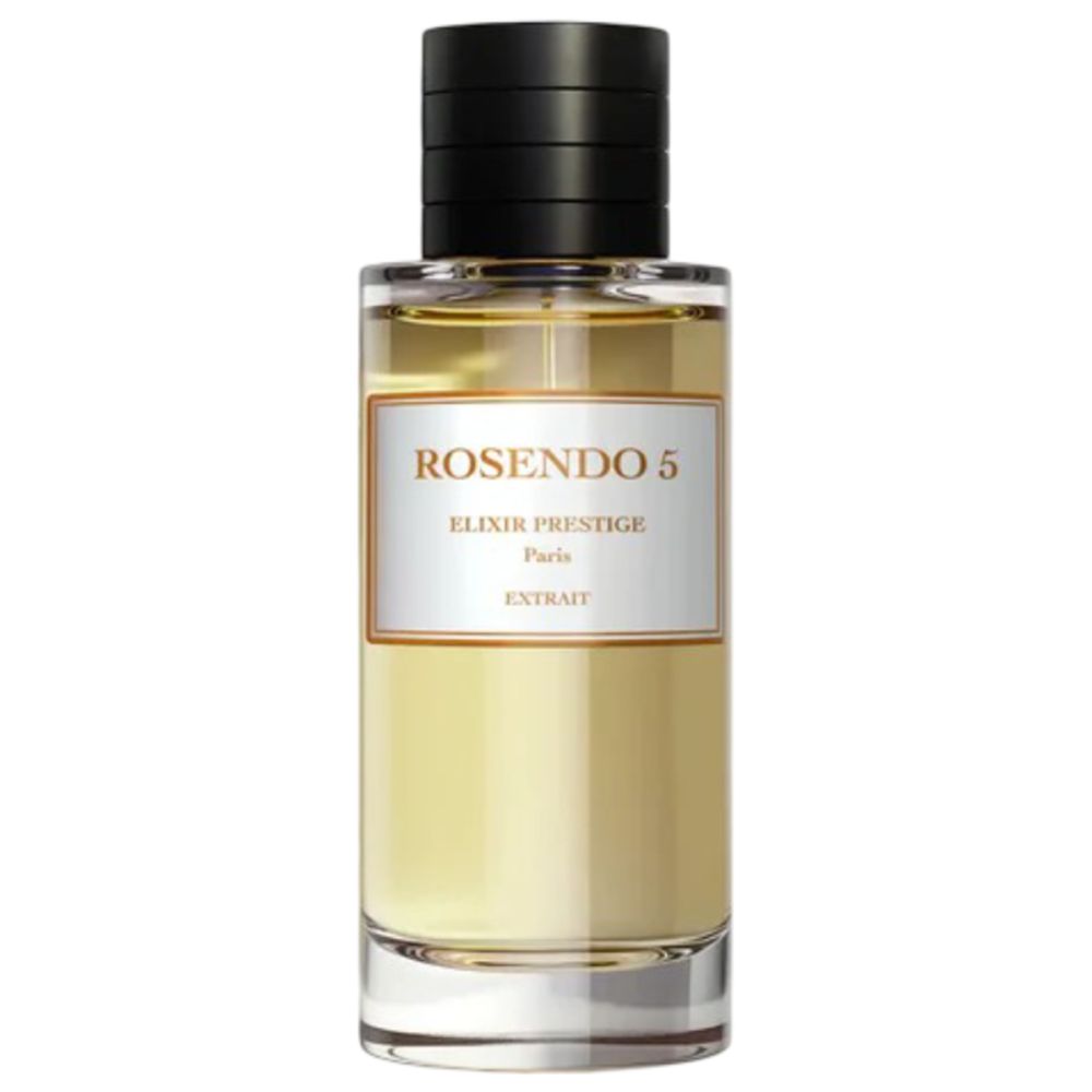 Flacon de parfum avec bouchon noir et étiquette blanche. Inscription: Rosendo 5, Elixir Prestige, Paris, Extrait.