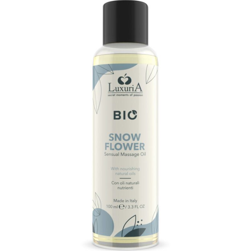 LuxuriA BIO Snow Flower massageolie in doorzichtige fles met zwarte dop. 100 ml.