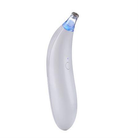 Appareil blanc de soin de la peau avec embout éclairé en bleu et un bouton.