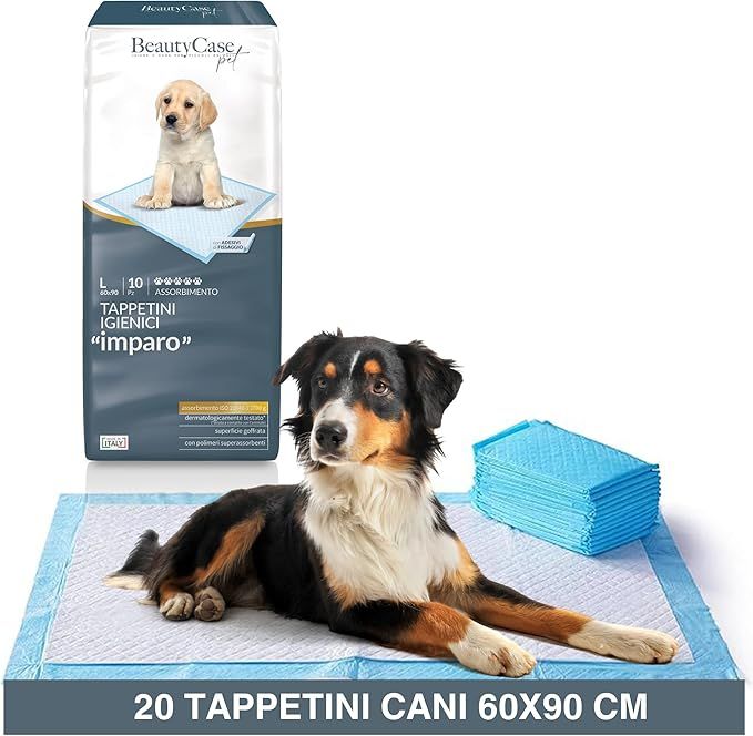 Tapis hygiénique pour chien avec chien. Paquet de 20 tapis, 60x90 cm. Inscription "Imparo". Beauty Case Pet.