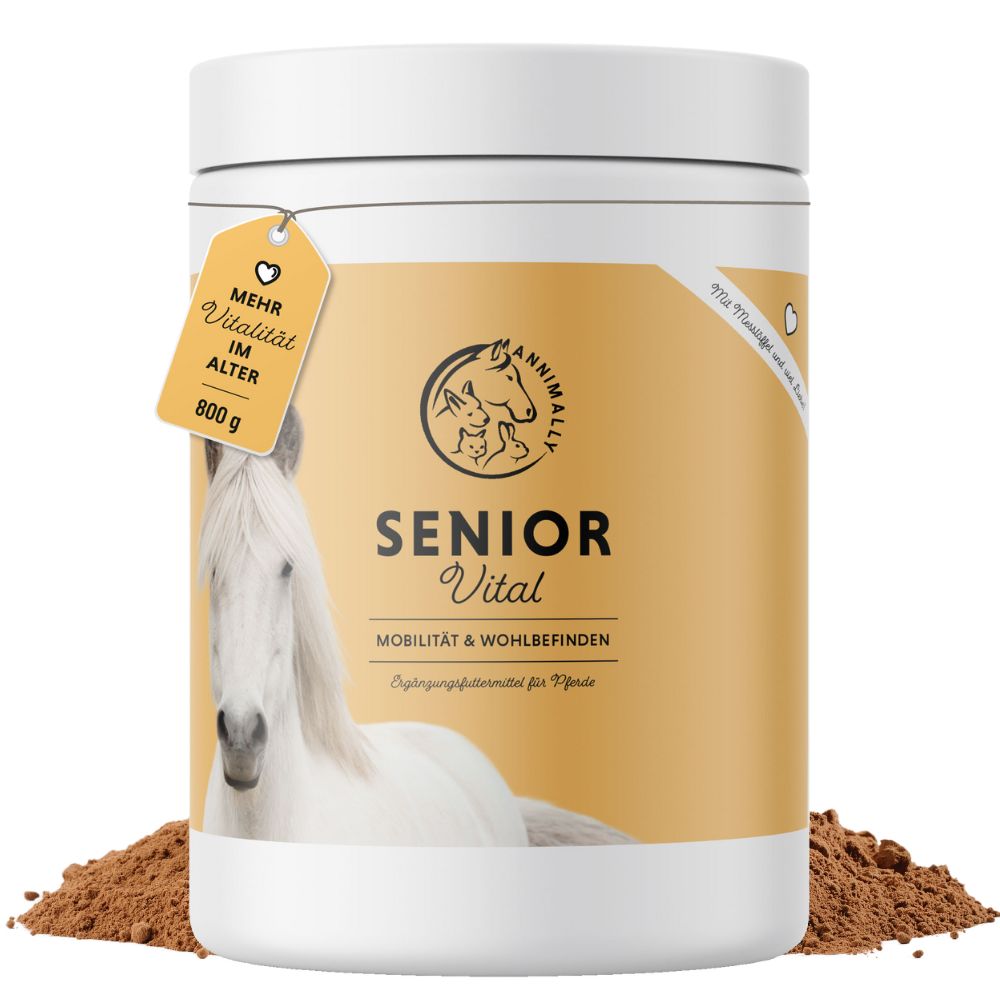 Pot blanc avec étiquette. Inscription: Senior Vital. 800 g. Logo avec cheval, chien et lapin.