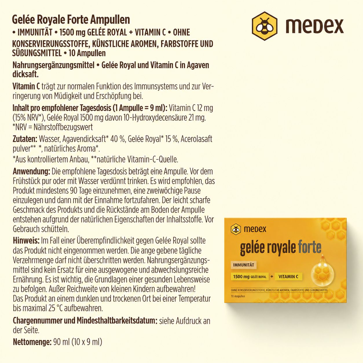 Medex Gelée Royale Forte doos met 10 ampullen en één losse ampul.