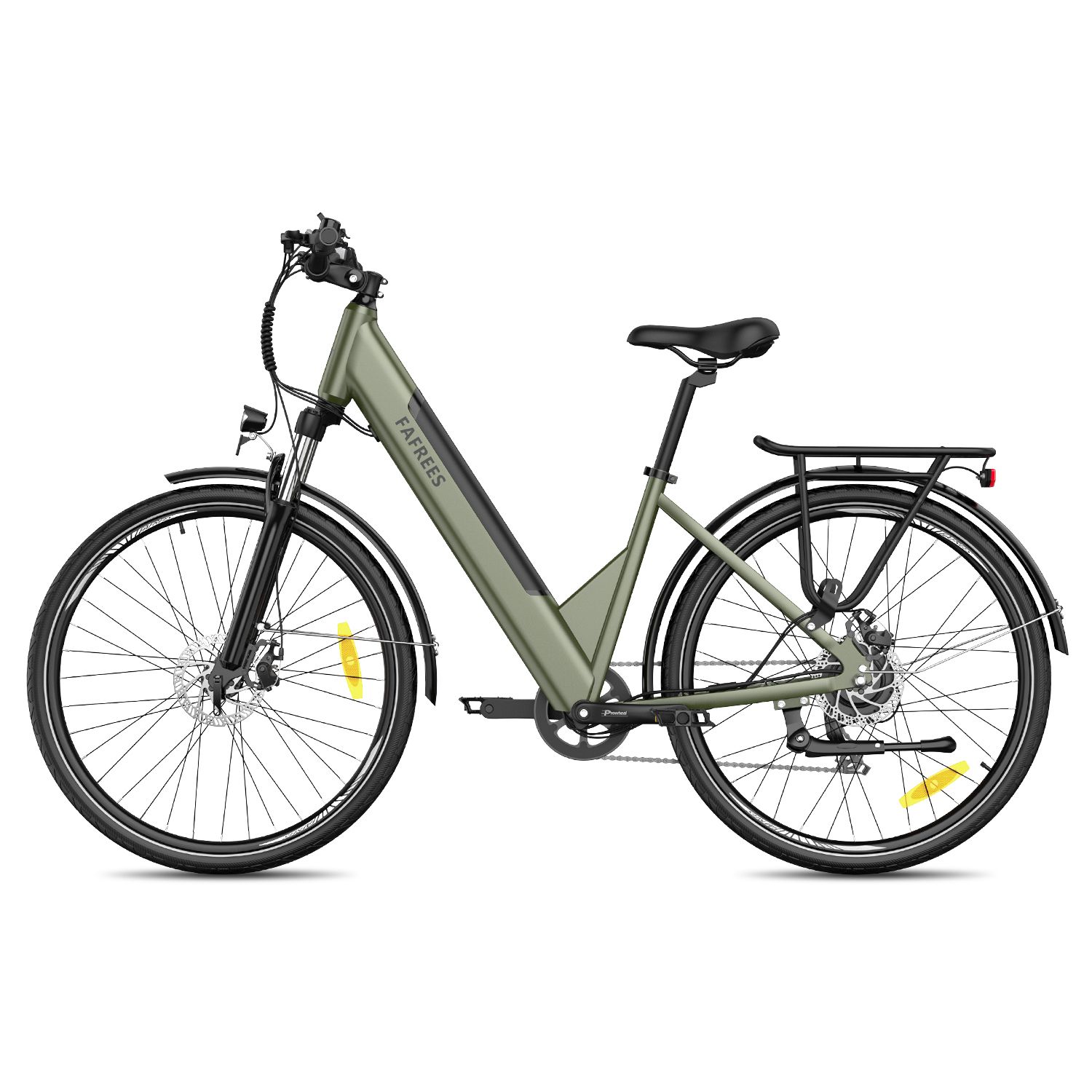 Vélo électrique vert avec porte-bagages, garde-boue et inscription FAFREES. Pneus et selle noirs.