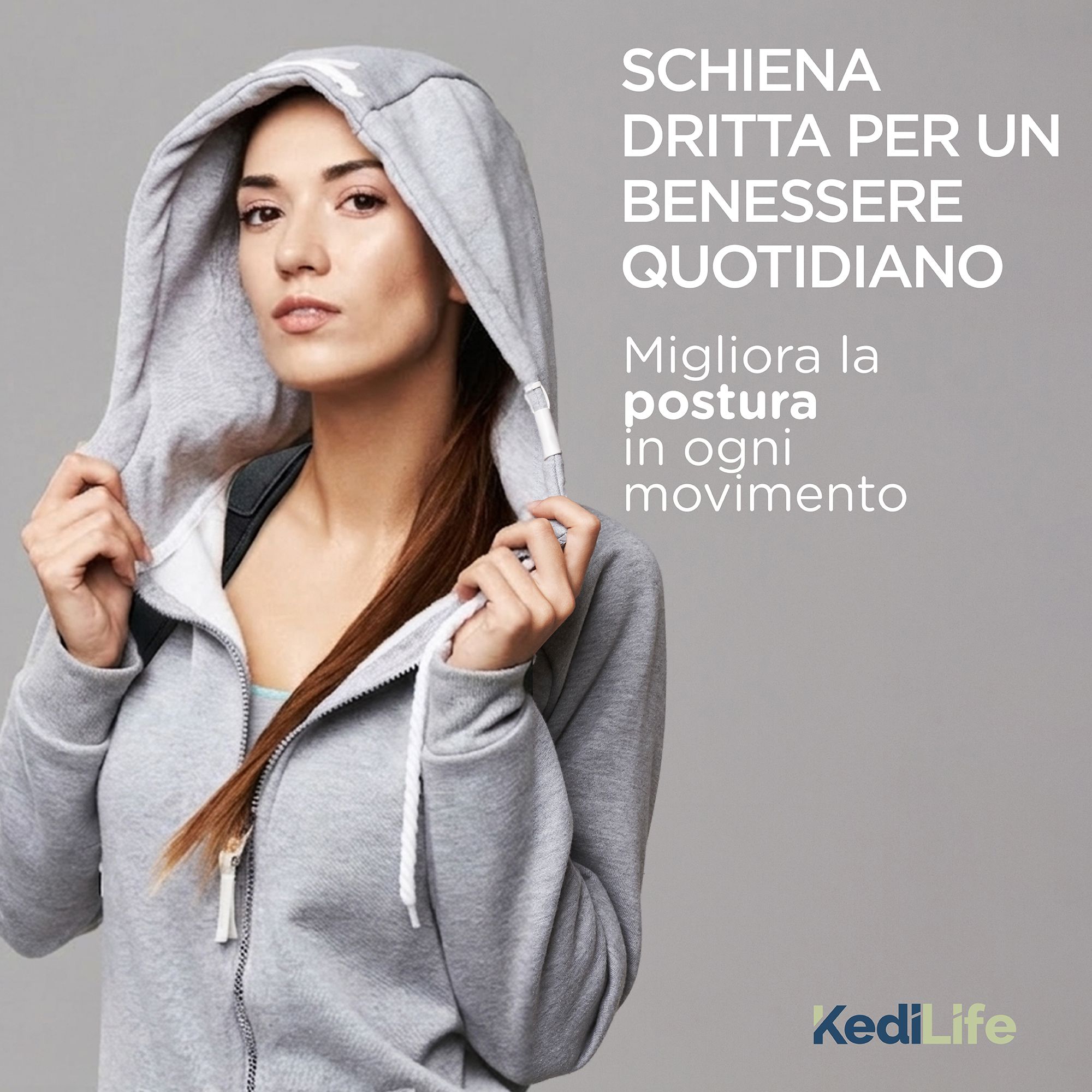 Vrouw met hoodie. KediLife houdingscorrector. Tekst: 'Verbetert de houding'. KediLife-logo.