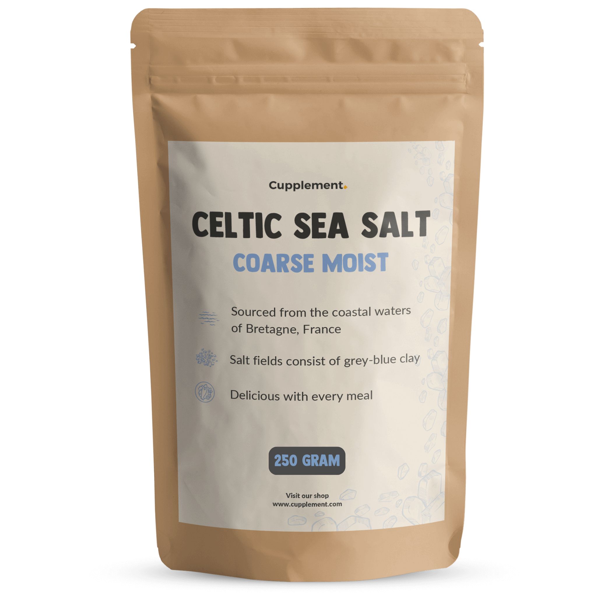 Zakje Cupplement Keltisch zeezout, grof, vochtig. Tekst: Celtic Sea Salt, 250 g.